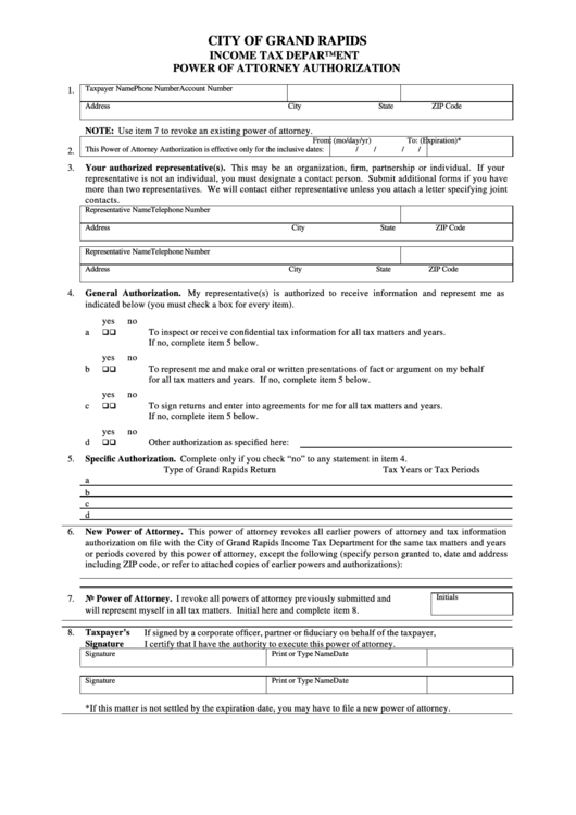 Fillable Power Of Attorney Authorization - City Of Grand Rapids Printable pdf