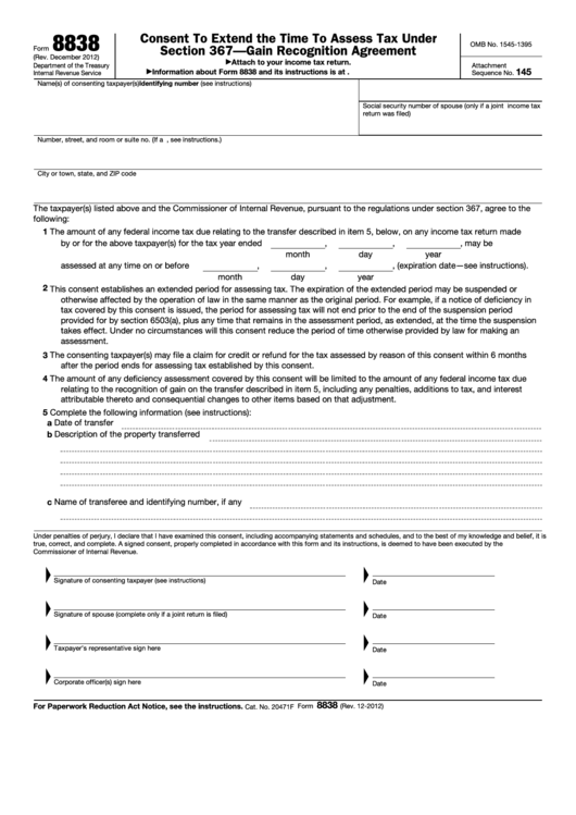 Fillable Form 8838 - Consent To Extend The Time To Assess Tax Under Section 367 - Gain Recognition Agreement Printable pdf