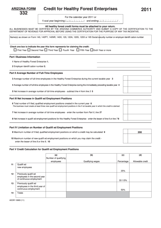 Fillable Arizona Form 332 - Credit For Healthy Forest Enterprises ...