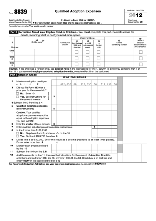 Fillable Form 8839 - Qualified Adoption Expenses - 2012 printable pdf ...