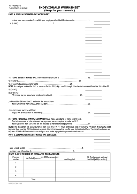 Form Rev-414(I) - Individuals Worksheet Printable pdf