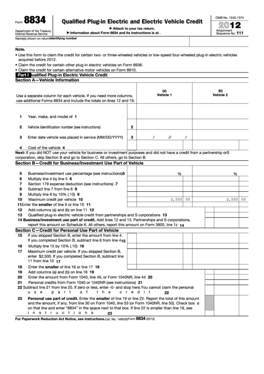 Fillable Form 8834 - Qualified Plug-In Electric And Electric Vehicle Credit - 2012 Printable pdf