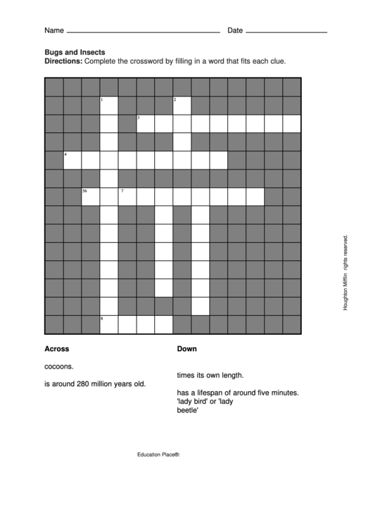 Bugs And Insects Crossword Template Printable pdf