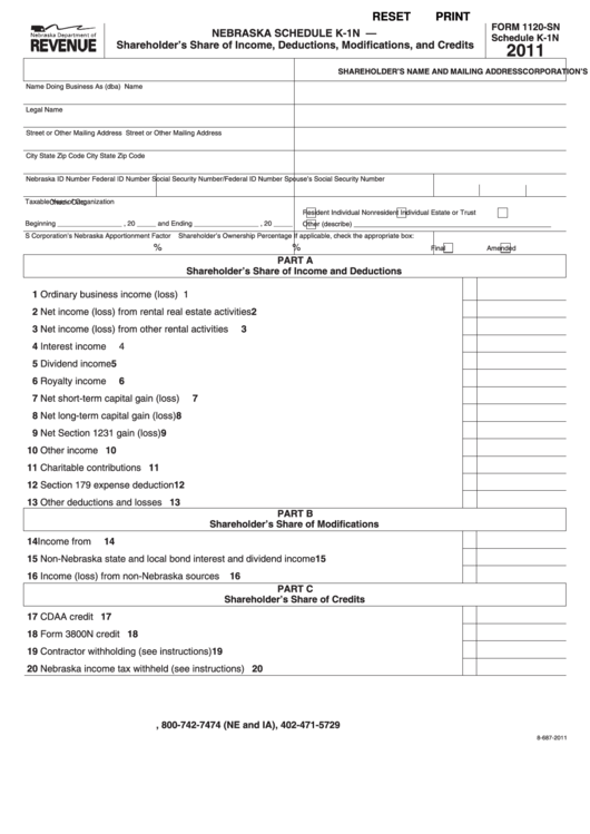Fillable Form 1120-Sn - Nebraska Schedule K-1n-Shareholder
