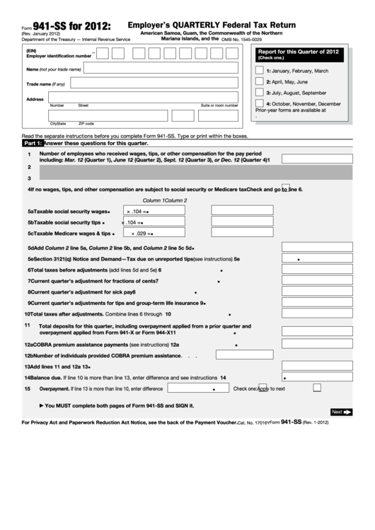 Fillable Form 941-Ss - Employer