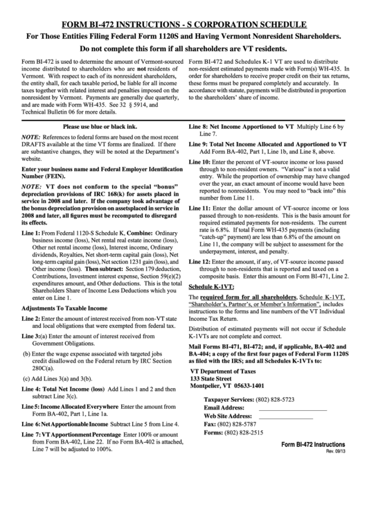 Form Bi-472 Instructions - S Corporation Schedule Printable pdf