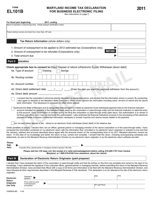 Fillable Form El101b - Maryland Income Tax Declaration For Business Electronic Filing - 2011 Printable pdf
