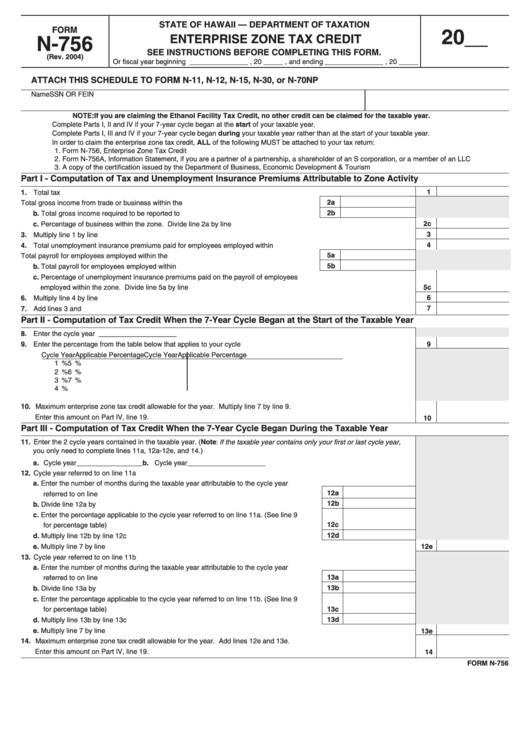 Form N-756 - Enterprise Zone Tax Credit Printable pdf