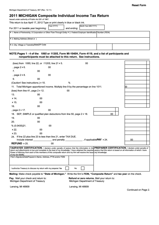 Fillable Form 807 - Composite Individual Income Tax Return - 2011 Printable pdf
