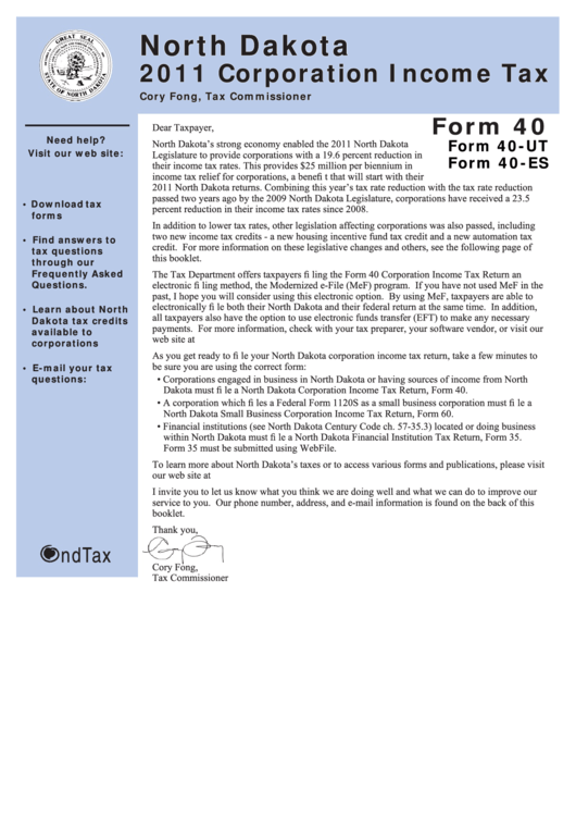 North Dakota Corporation Income Tax Instructions - 2011 Printable pdf