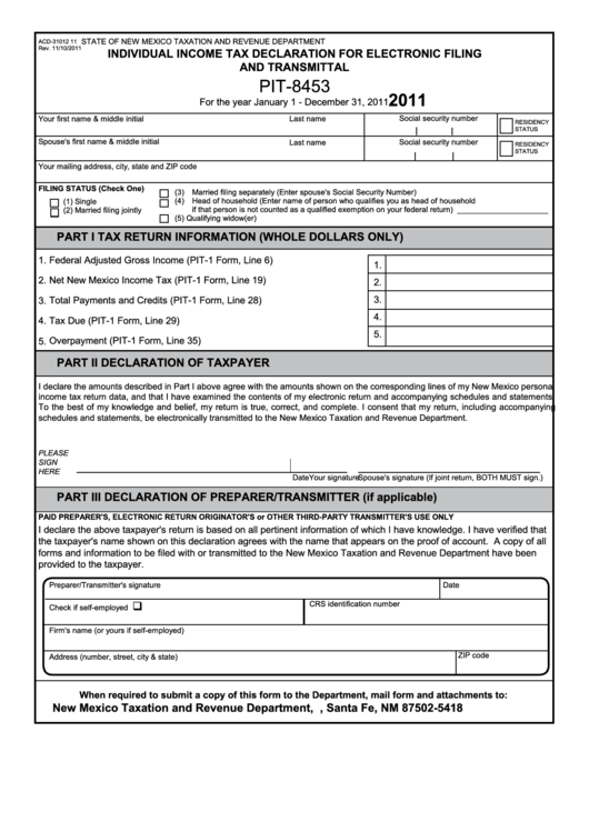 Form Pit-8453 - Ndividual Income Tax Declaration For Electronic Filing And Transmittal - 2011 Printable pdf