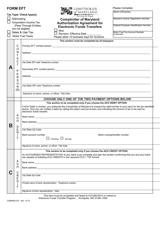 Fillable Form Eft - Comptroller Of Maryland Authorization Agreement For Electronic Funds Transfers Printable pdf
