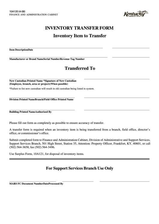 Form 10a120 - Inventory Transfer Form - Kentucky Finance And Administration Cabinet Printable pdf