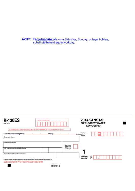 Form K-130es - Kansas Privilege Estimated Tax Voucher - 2014 Printable pdf