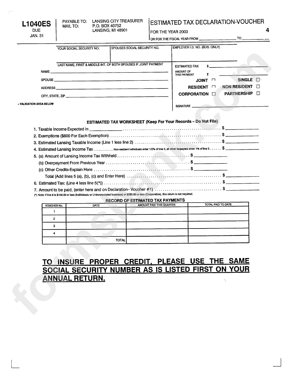 Form L1040es - Lansing City Estimated Tax Declaration-Voucher - 2003