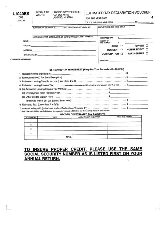 Form L1040es - Lansing City Estimated Tax Declaration-Voucher - 2003 Printable pdf