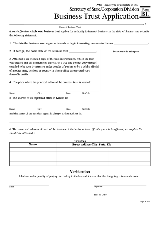 Form Bu Business Trust Application printable pdf download