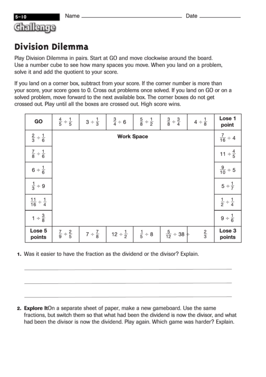 Division Dilemma - Division Worksheet With Answers Printable pdf