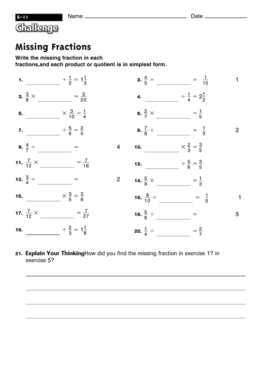 Missing Fractions - Fraction Worksheet With Answers Printable pdf