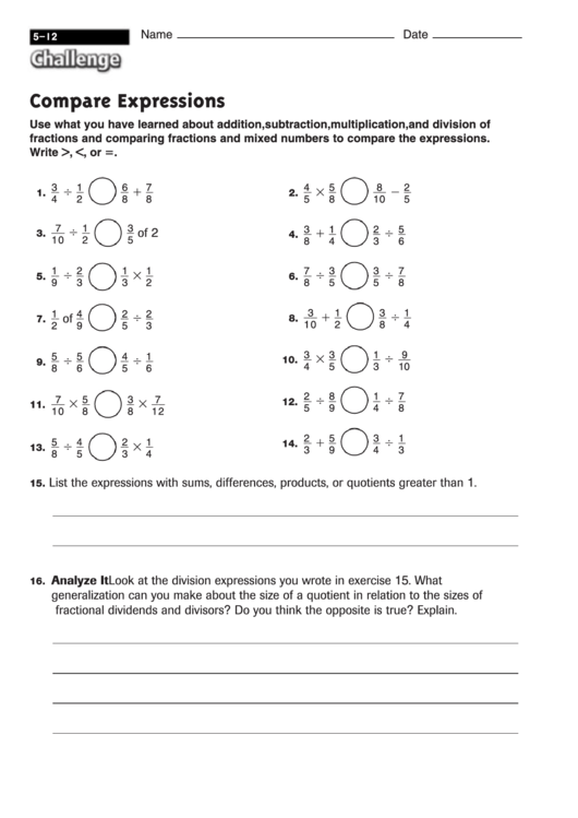 Compare Expressions - Math Worksheet With Answers Printable pdf