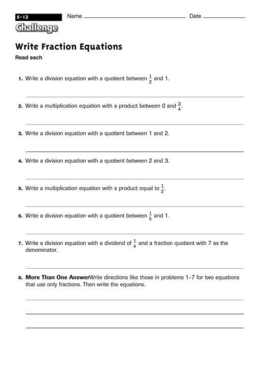 Write Fraction Equations - Fraction Worksheet With Answers Printable pdf