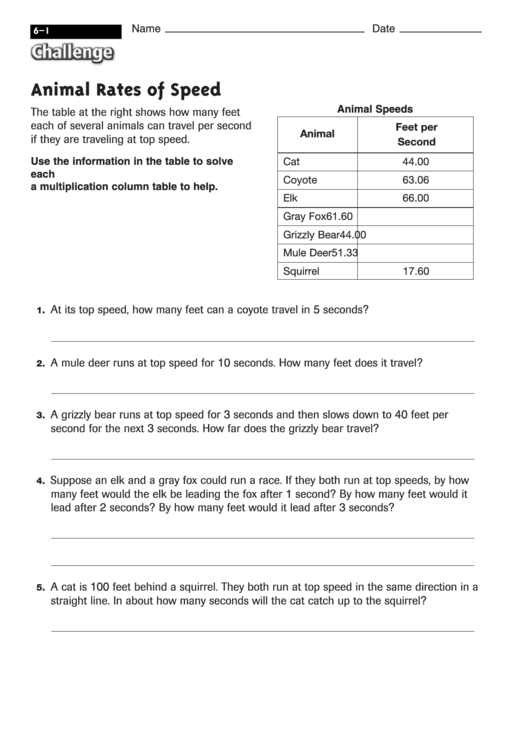 Animal Rates Of Speed - Math Worksheet With Answers Printable pdf