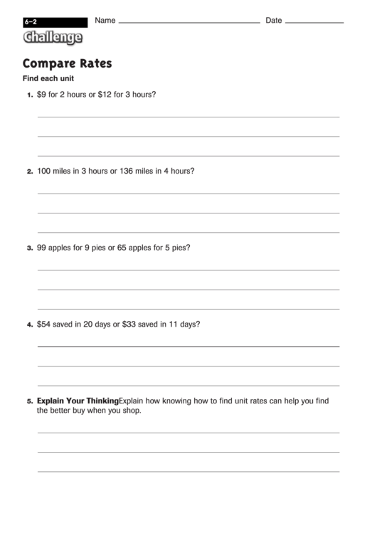 Compare Rates - Math Worksheet With Answers Printable pdf