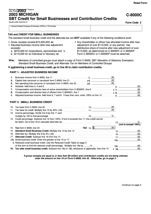 Fillable Form C-8000c - Michigan Sbt Credit For Small Businesses And Contribution Credits - 2003 Printable pdf