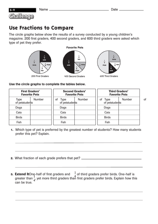 Use Fractions To Compare - Fractions Worksheet With Answers Printable pdf