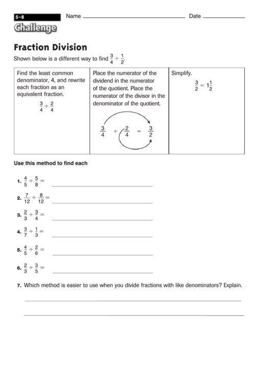 Fraction Division - Fraction Worksheet With Answers Printable pdf