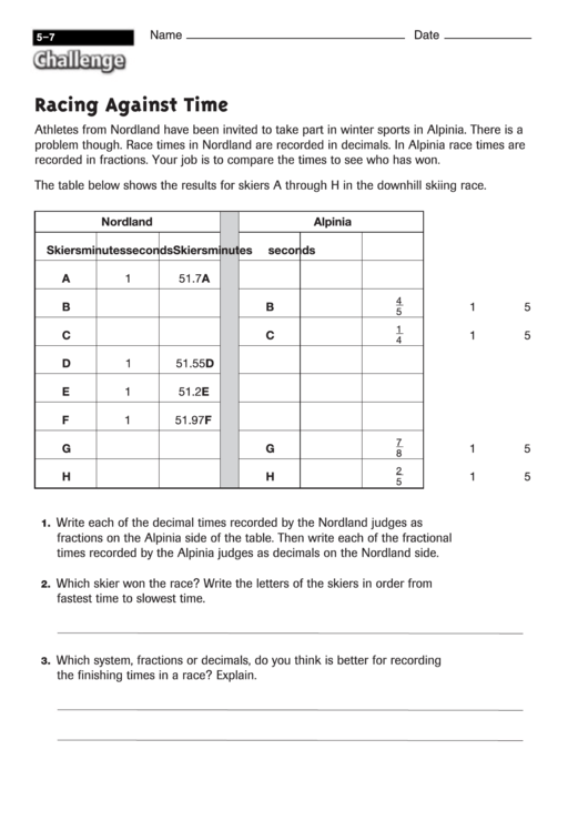 Racing Against Time - Math Worksheet With Answers Printable pdf