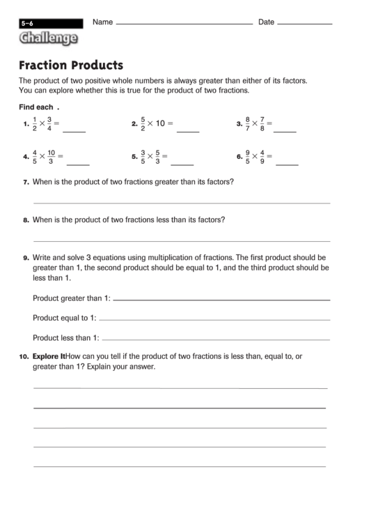Fraction Products - Fraction Worksheet With Answers Printable pdf
