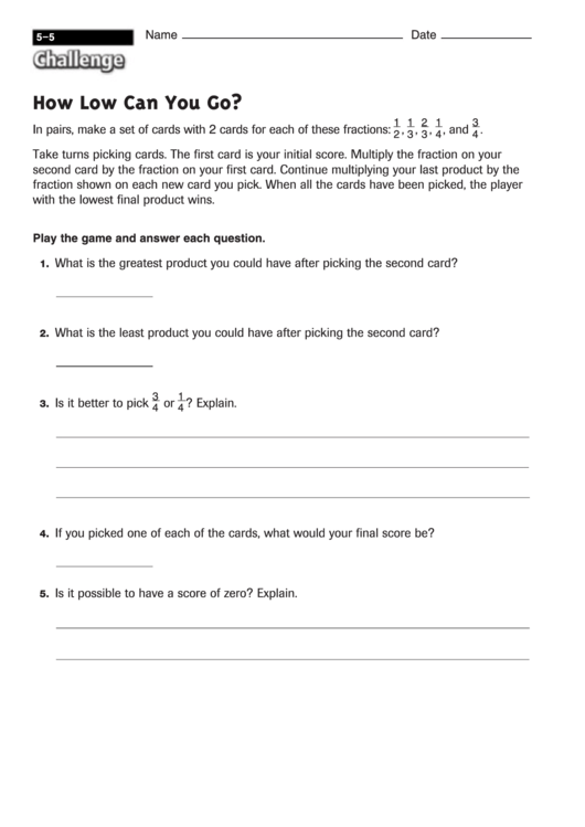 How Low Can You Go - Fraction Worksheet With Answers Printable pdf