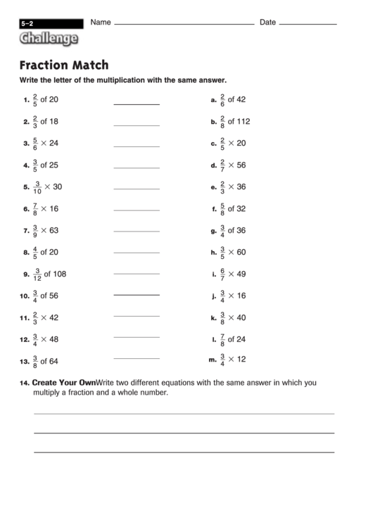 Fraction Match - Fraction Worksheet With Answers Printable pdf