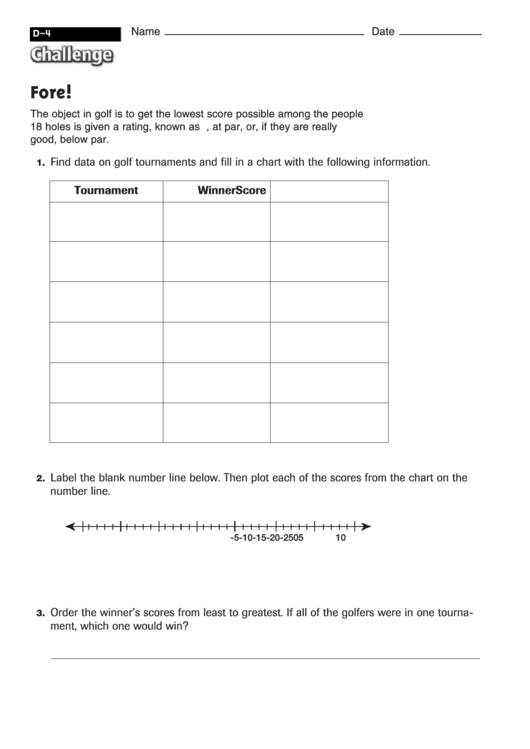 Fore! - Math Worksheet Printable pdf