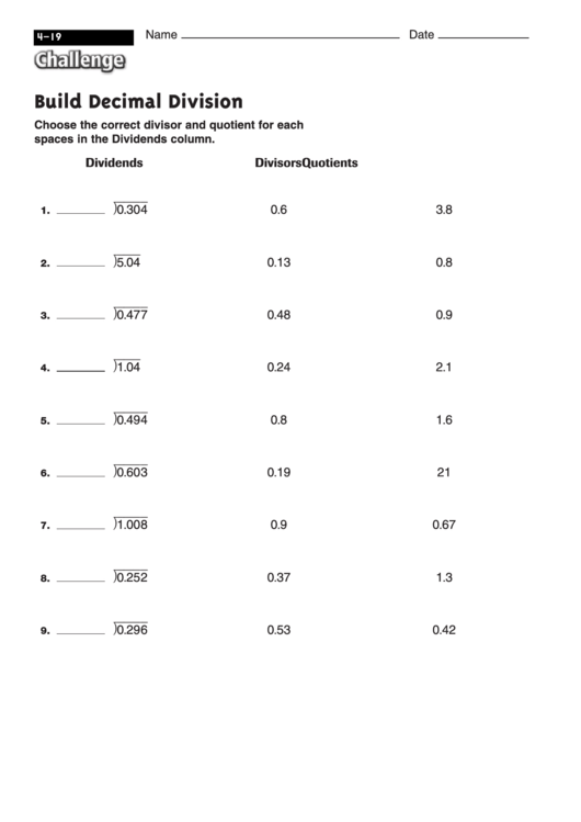 Build Decimal Division - Division Worksheet With Answers Printable pdf