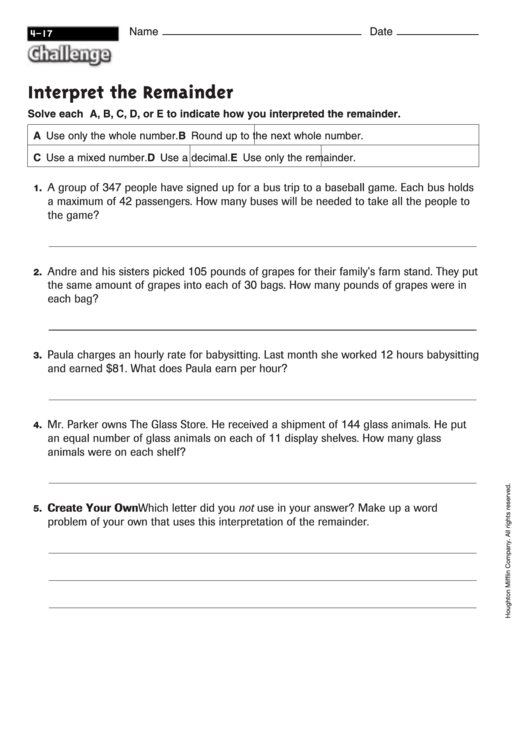 Interpret The Remainder - Math Worksheet With Answers Printable pdf
