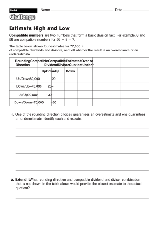 Estimate High And Low - Worksheet With Answers Printable pdf