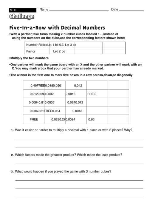 Five-In-A-Row With Decimal Numbers - Math Worksheet With Answers Printable pdf