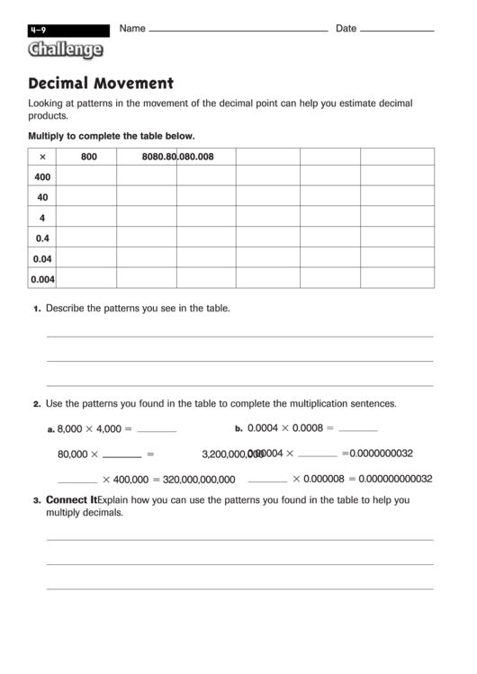 Decimal Movement - Multiplication Worksheet With Answers Printable pdf