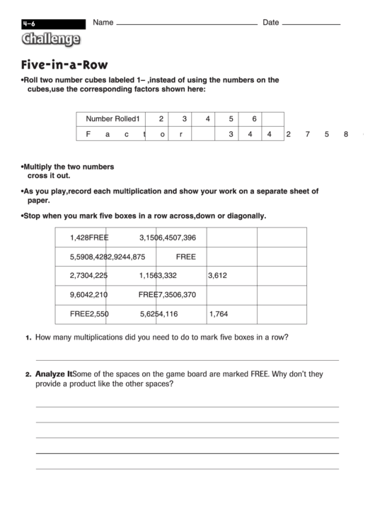 Five-In-A-Row - Math Worksheet With Answers Printable pdf