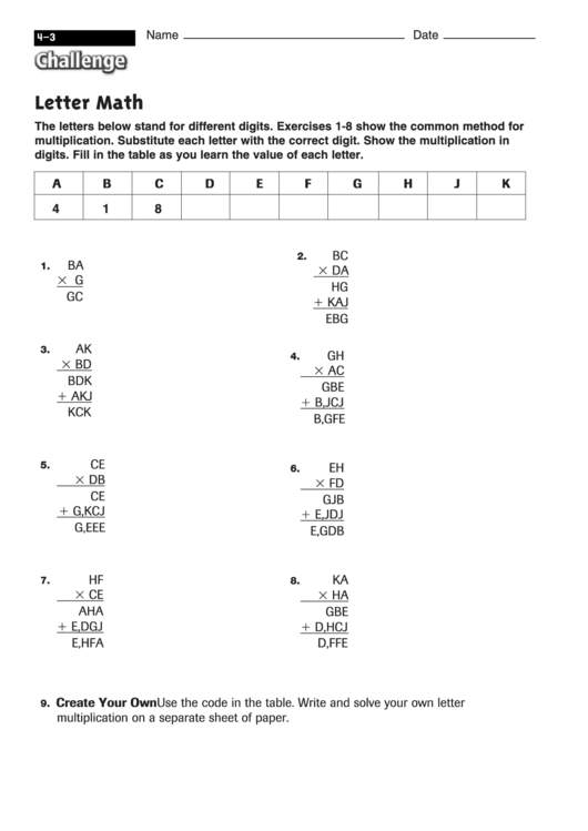 Letter Math - Math Worksheet With Answers Printable pdf