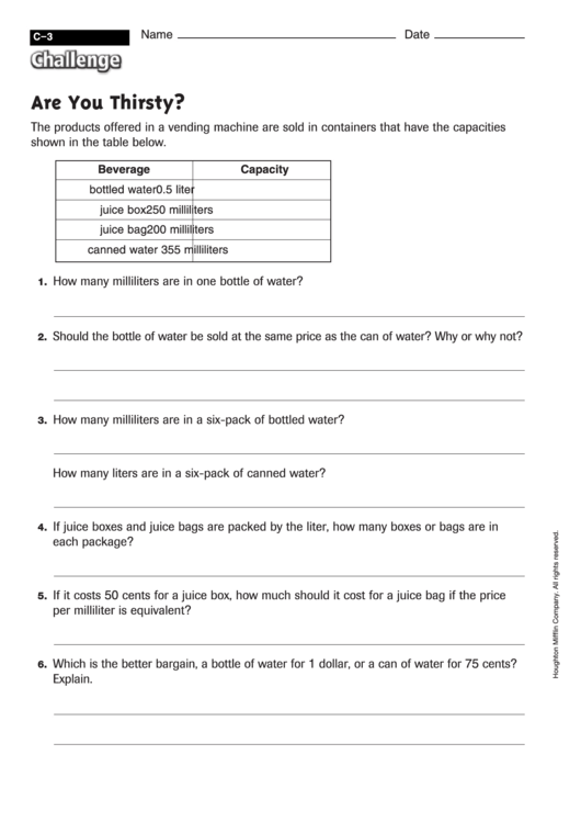 Are You Thirsty - Capacity Worksheet With Answers