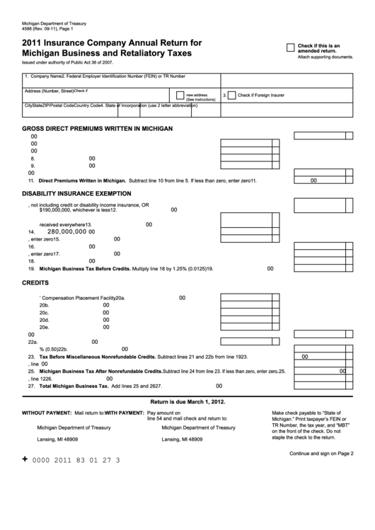 Form 4588 - Insurance Company Annual Return For Michigan Business And Retaliatory Taxes - 2011 Printable pdf
