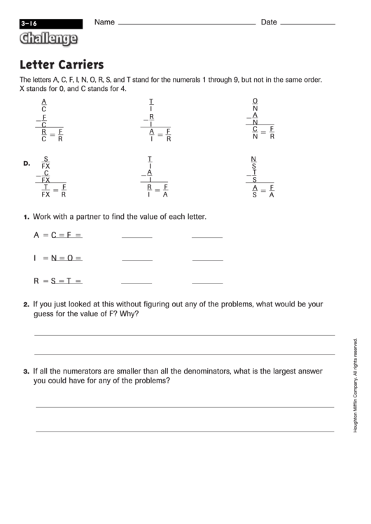 Letter Carriers - Math Worksheet With Answers Printable pdf