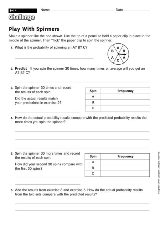 Play With Spinners - Math Worksheet With Answers Printable pdf