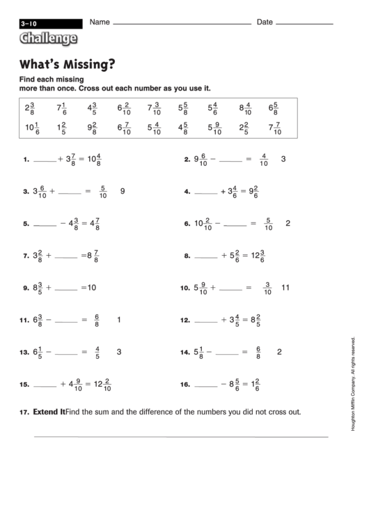 What's Missing - Fraction Worksheet With Answers