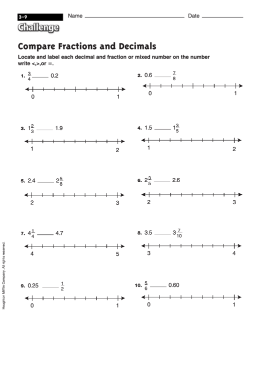 Compare Fractions And Decimals - Fraction Worksheet With Answers