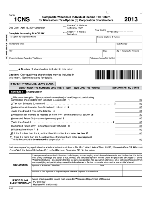 Fillable Form 1cns - Composite Wisconsin Individual Income Tax Return For Nonresident Tax-Option (S) Corporation Shareholders - 2013 Printable pdf