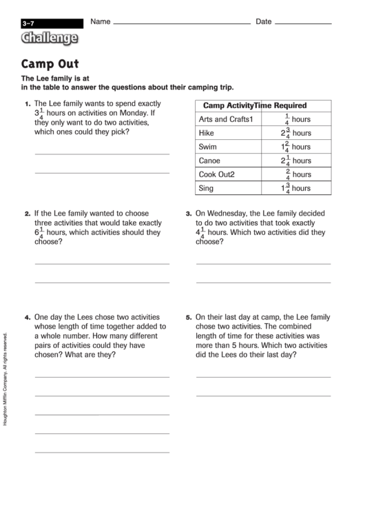 Camp Out - Math Worksheet With Answers Printable pdf